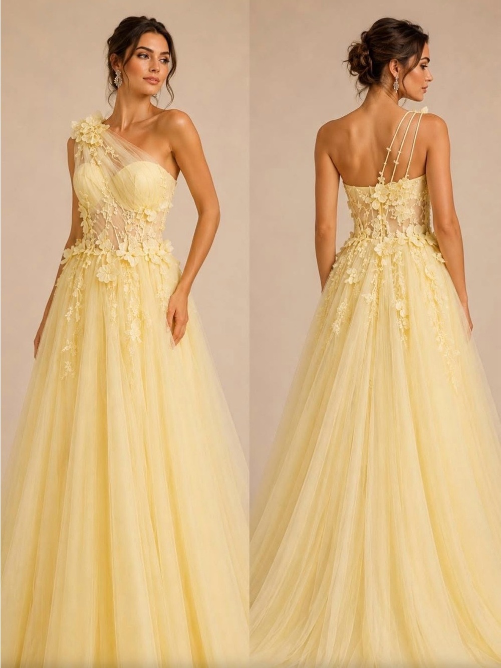 Tarik Ediz Pale Yellow One-Shoulder Floral Appliqué Gown